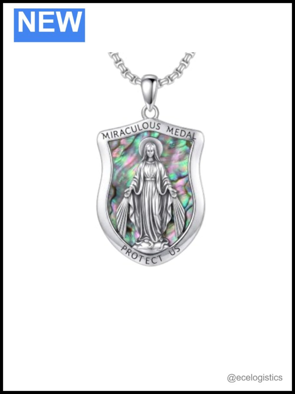 925 Sterling Silver Miraculous Medal Necklace Abalone Patron Saint Amulet